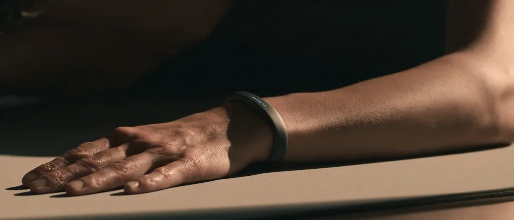 The haptic feedback bracelet worn on a wearer’s wrist, their hand and forearm resting on a mat in low directional light.